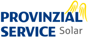 Ein Logo mit dem Text „PROVINZIAL SERVICE Solar“ in Blau und Grau, begleitet von gelben abstrakten Flügeln oben rechts, perfekt für die Platzierung in der Fußzeile Ihrer Website, um Webdesign und SEO zu verbessern.